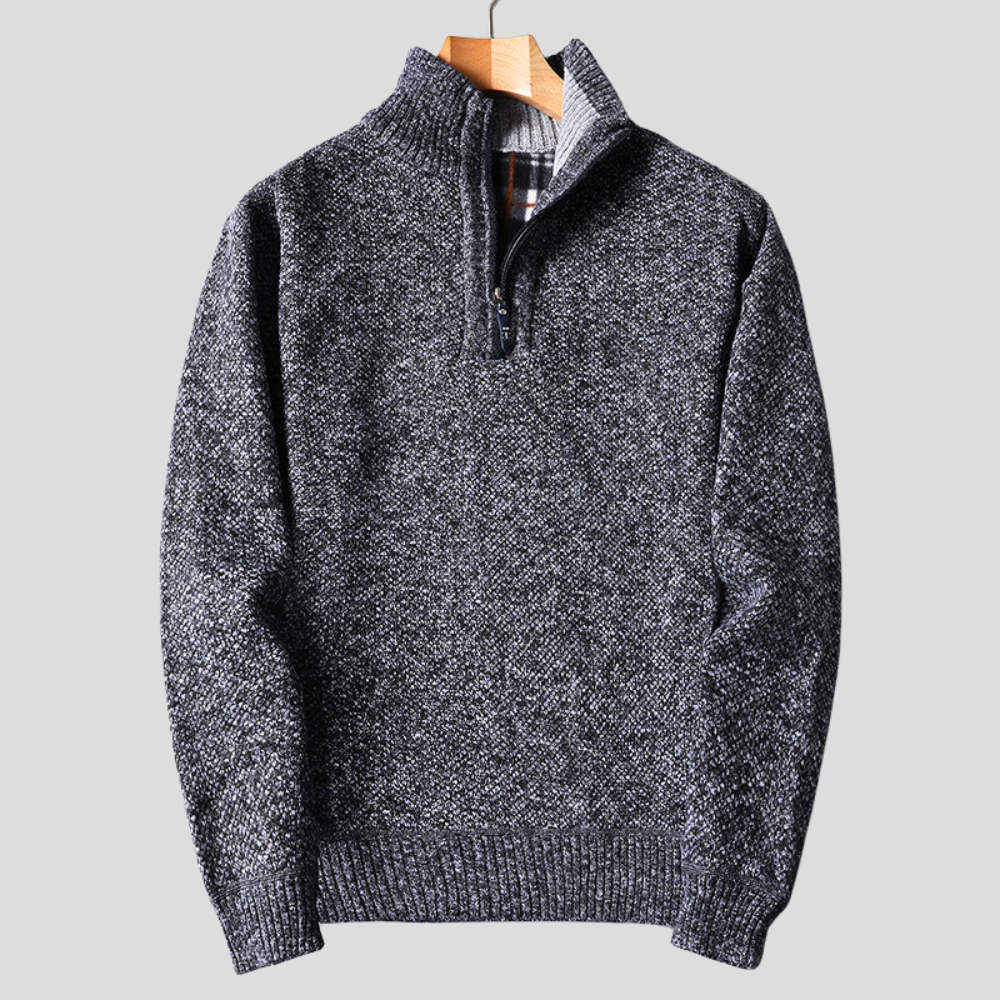 Men's textured quarter zip jumper with mock neck and ribbed trims