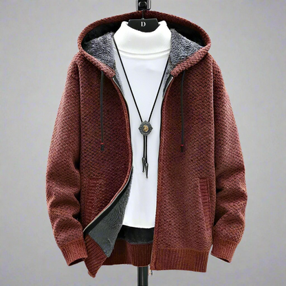 Textured knitted hooded jumper with zip front, drawstrings, long sleeves and front pockets