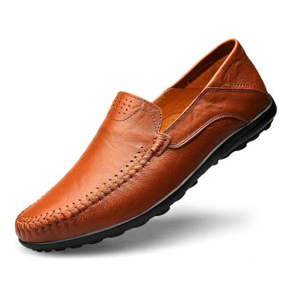 Men's slip-on loafer with moccasin stitching, perforated detail and textured flat sole