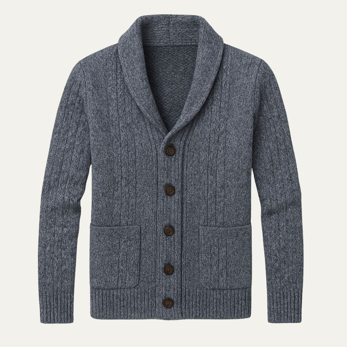 Men's textured shawl collar cardigan with button front and patch pockets