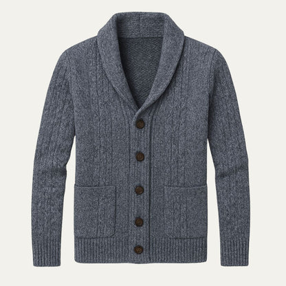 Men's textured shawl collar cardigan with button front and patch pockets