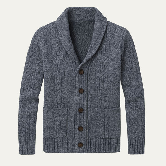 Men's textured shawl collar cardigan with button front and patch pockets