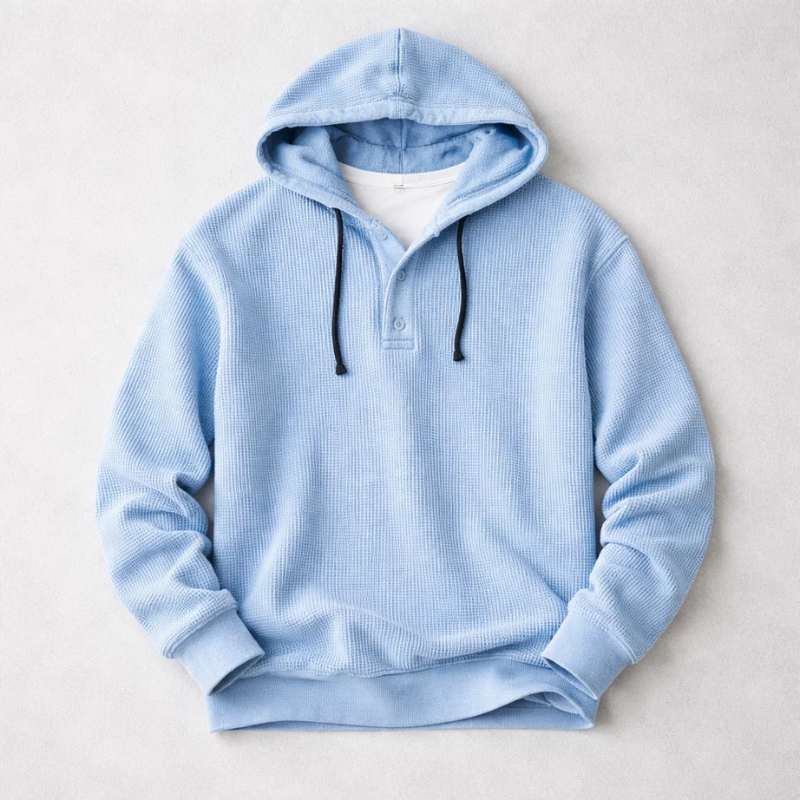 Waffle-knit henley hoodie with drawstring hood, button placket and long sleeves
