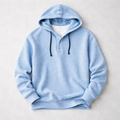 Waffle-knit henley hoodie with drawstring hood, button placket and long sleeves