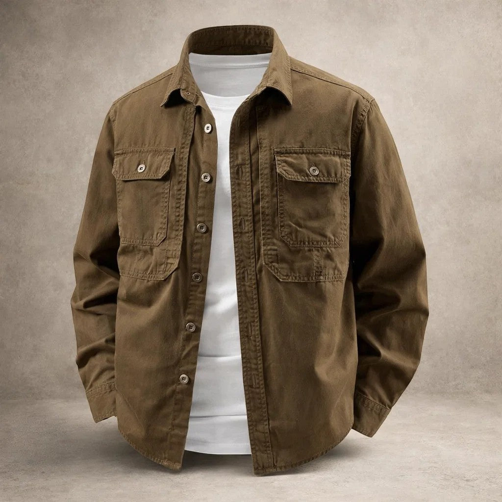Men's long-sleeve utility overshirt jacket with pointed collar, button front and four pockets