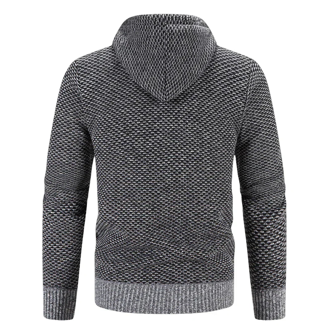 Men's textured knit hooded cardigan with full-zip front and front pockets
