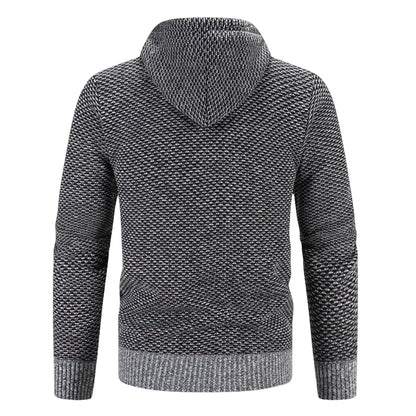 Men's textured knit hooded cardigan with full-zip front and front pockets