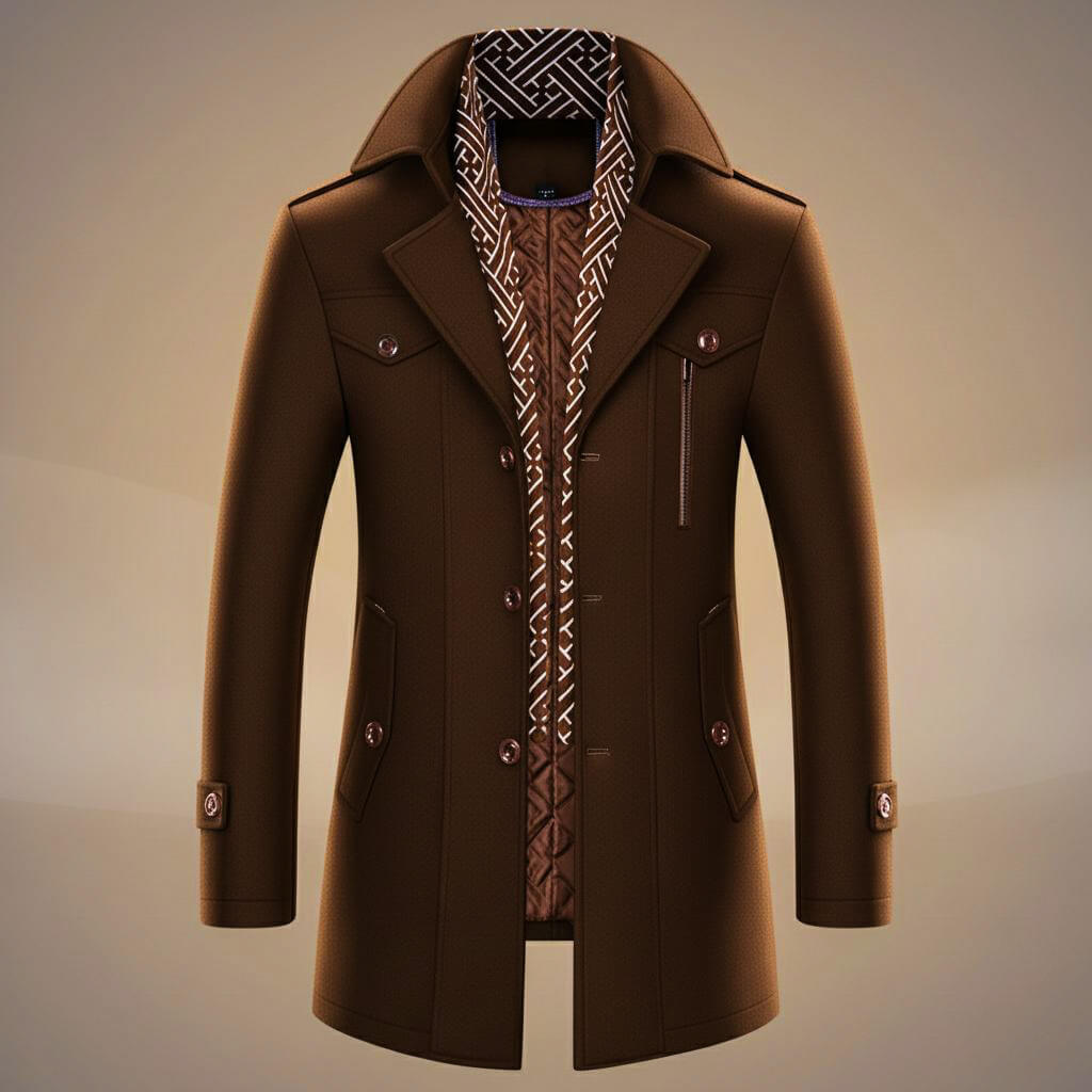 Men's long structured coat with notched lapels, patterned trim, buttons and multiple pockets