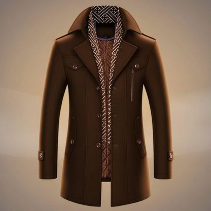 Men's long structured coat with notched lapels, patterned trim, buttons and multiple pockets