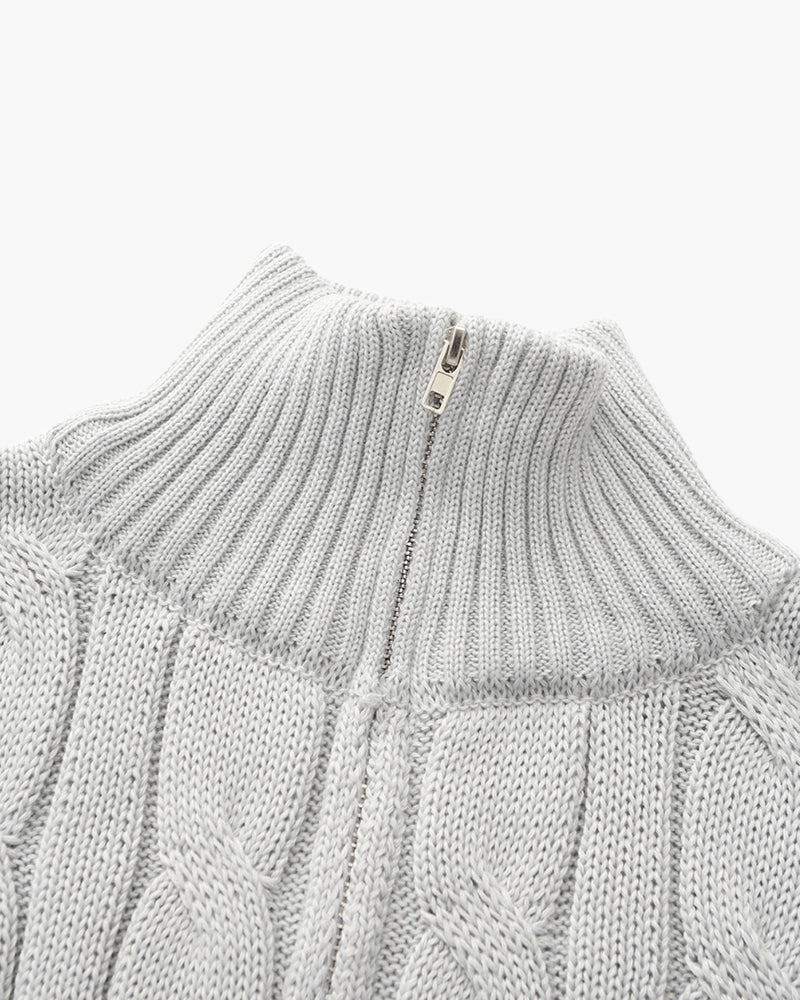 Cable-knit half-zip sweater with ribbed mock neck, cuffs and hem