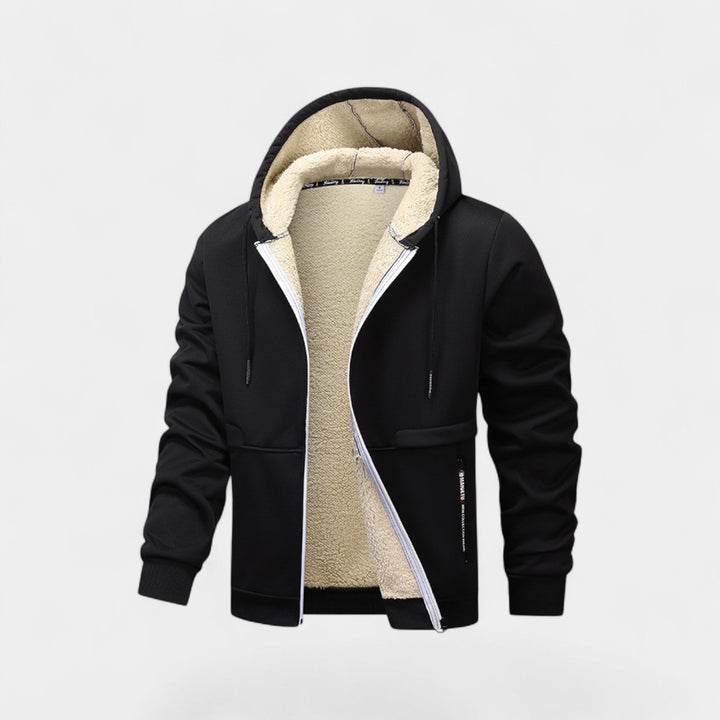 Men's hooded zip cardigan with fleece-style lining and ribbed trims