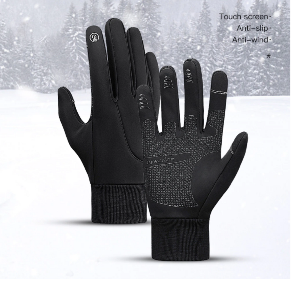 Full-finger touchscreen gloves with textured palms and ribbed cuffs
