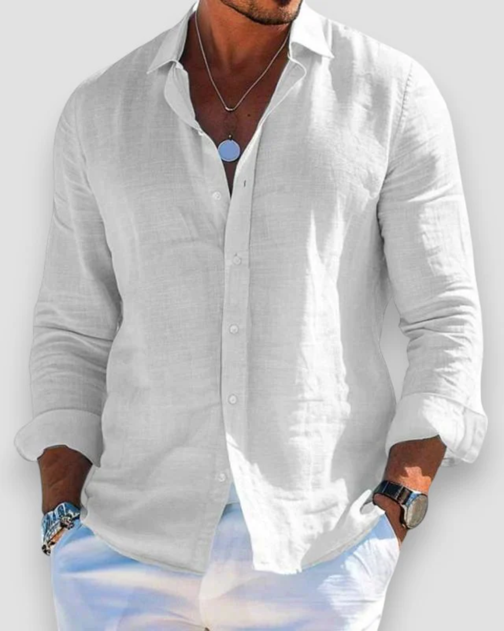 Men's long-sleeve button shirt with open collar and rolled cuffs