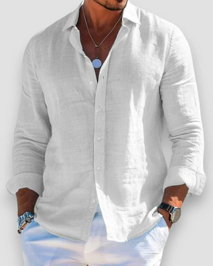 Men's long-sleeve button shirt with open collar and rolled cuffs