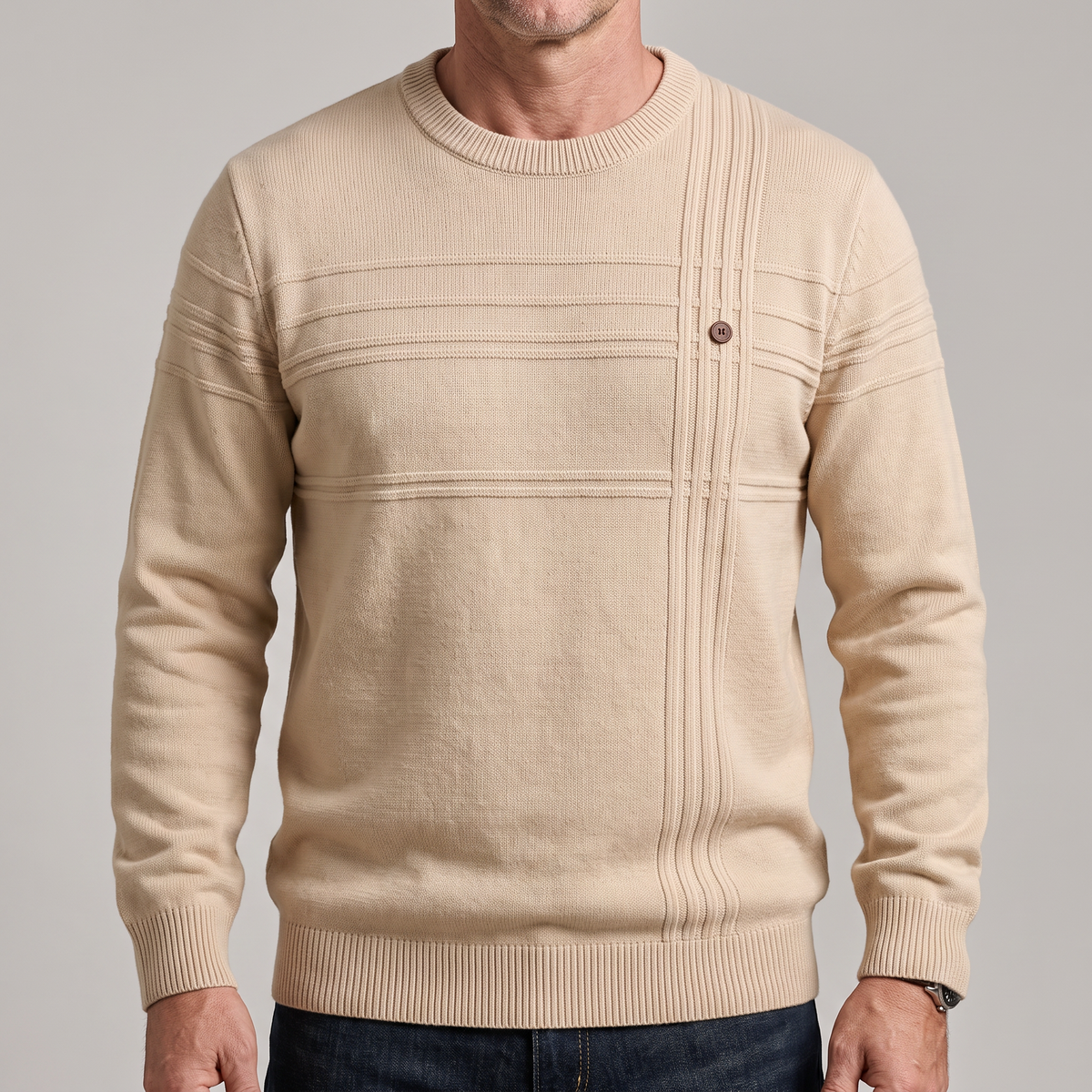 Men's crew neck knit sweater with ribbed horizontal and vertical detailing