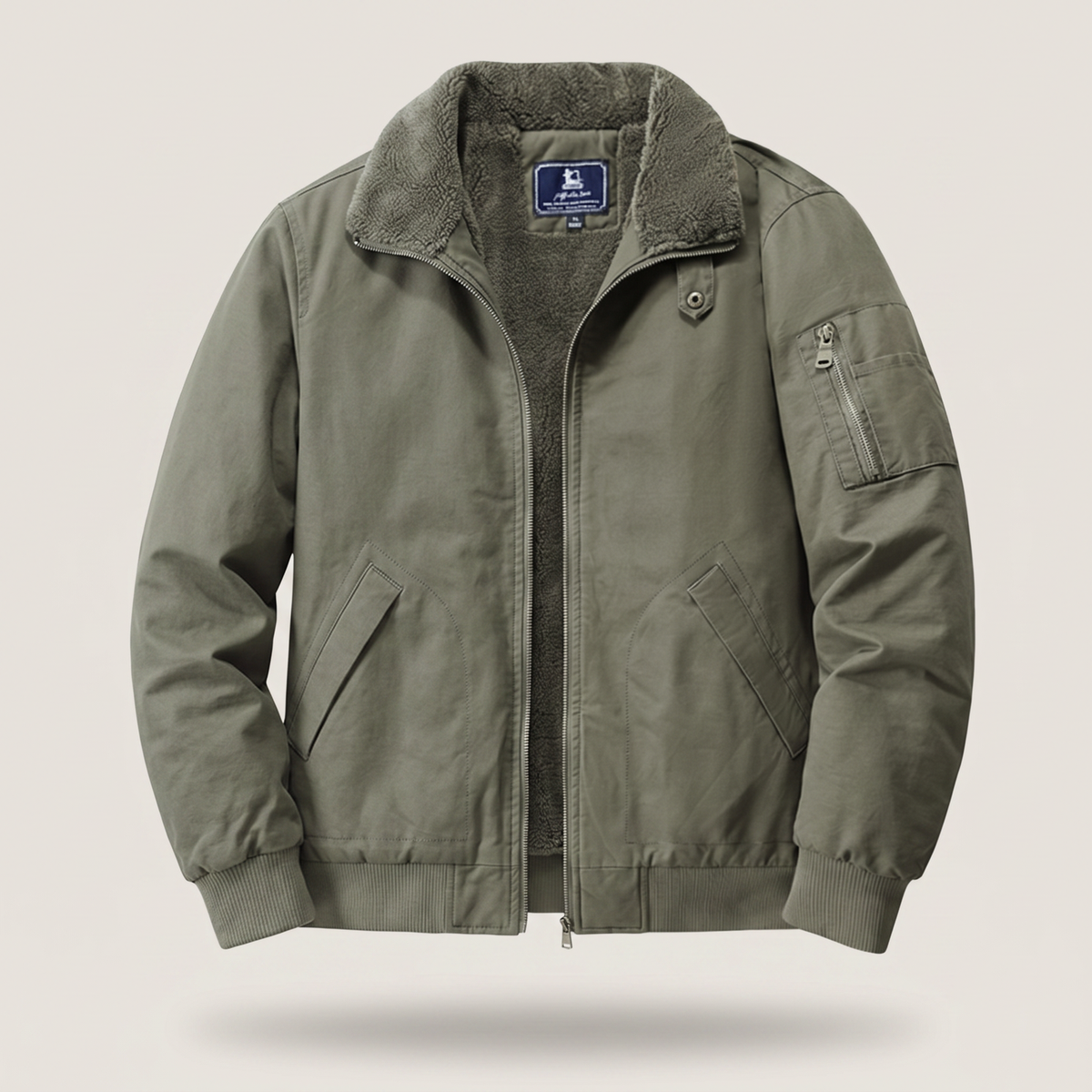 Men's plain fleece-lined bomber jacket with mock collar, zip front and utility pockets