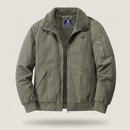 Men's plain fleece-lined bomber jacket with mock collar, zip front and utility pockets