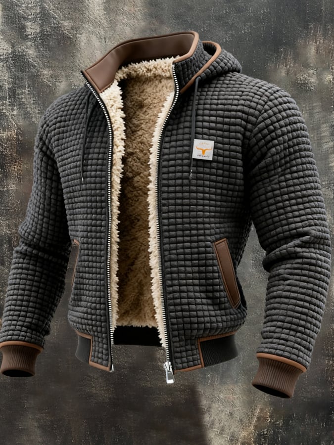 Men's textured quilted hooded jacket with full-zip front and plush contrasting lining