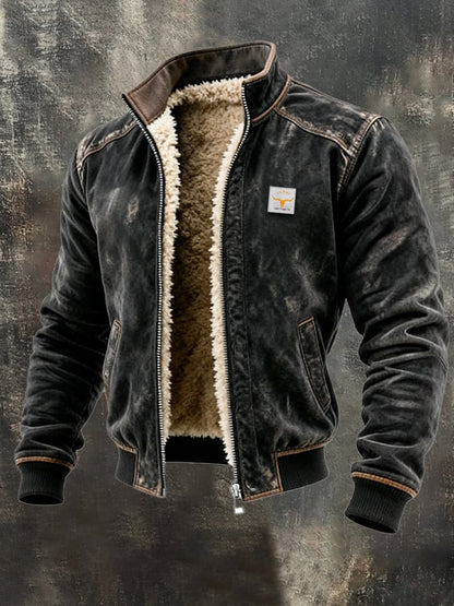Warm-lined men's aviator jacket with stand collar, zip front and ribbed trims