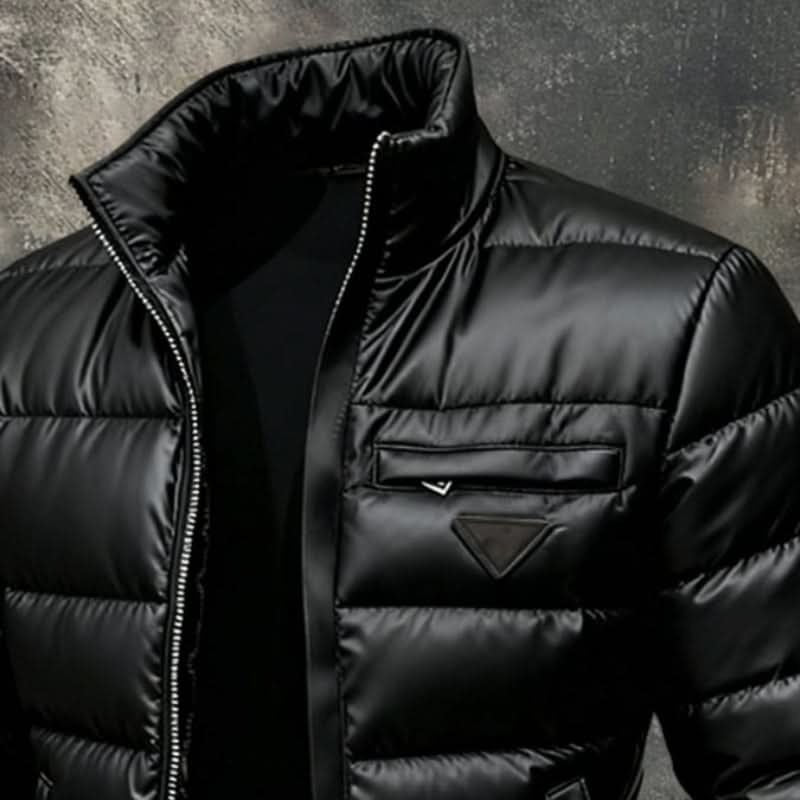 Men's black quilted puffer jacket with high collar and front zip