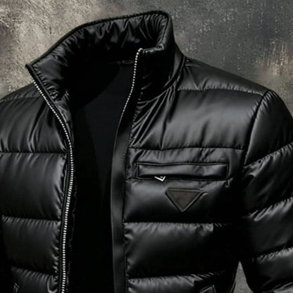 Men's black quilted puffer jacket with high collar and front zip