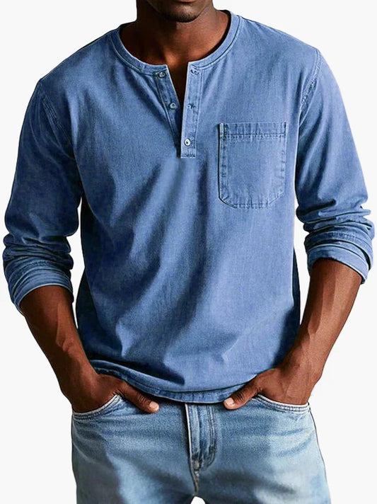 Men's long-sleeve Henley shirt with round neckline, button placket and chest pocket