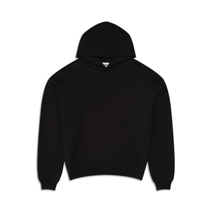Men's plain black pullover hoodie with hood, long sleeves and front kangaroo pocket
