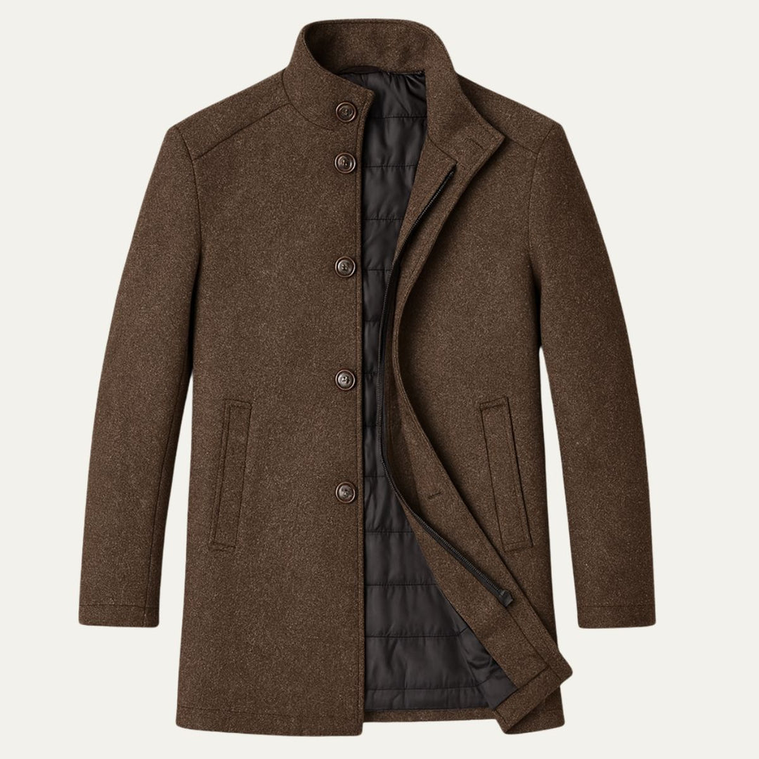 Men's long patterned overcoat with stand collar and button front