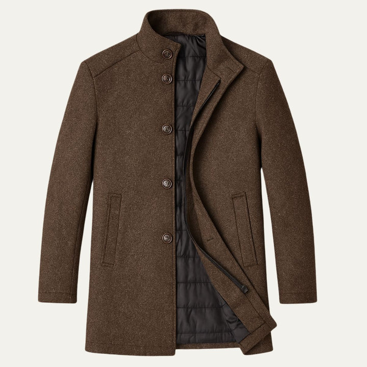 Men's long patterned overcoat with stand collar and button front