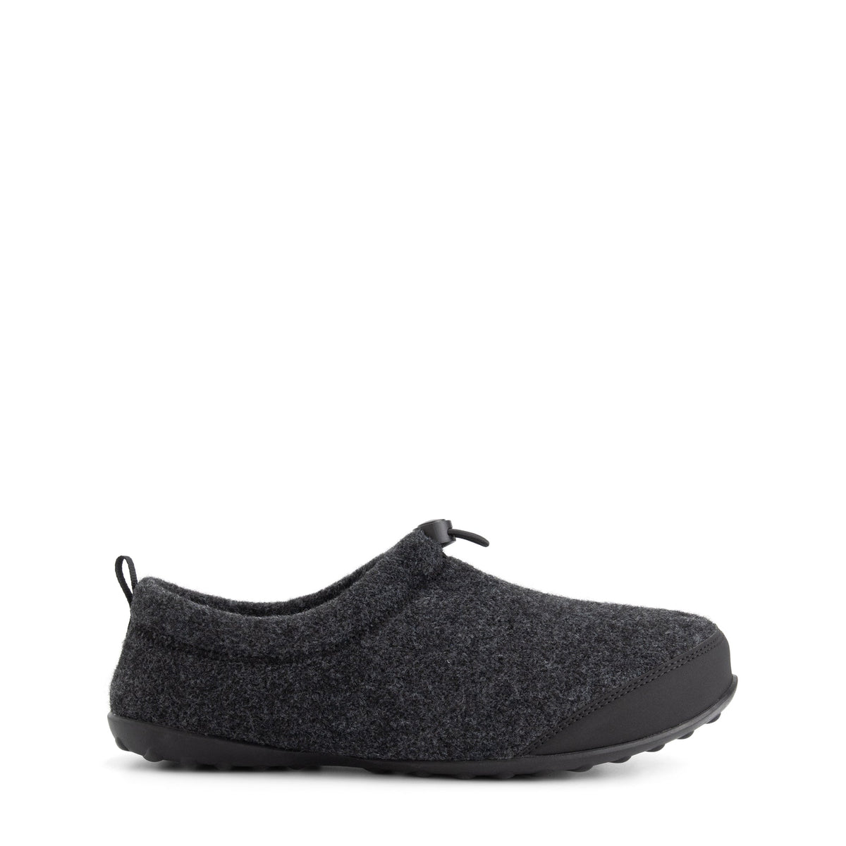 Dark grey unisex house slippers with toggle fastening and textured black soles
