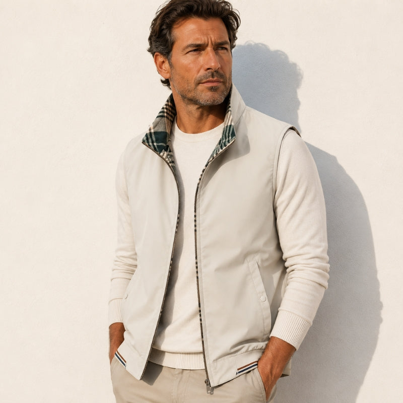 Sleeveless plaid-lined gilet vest with stand collar, zip front and zipped pockets