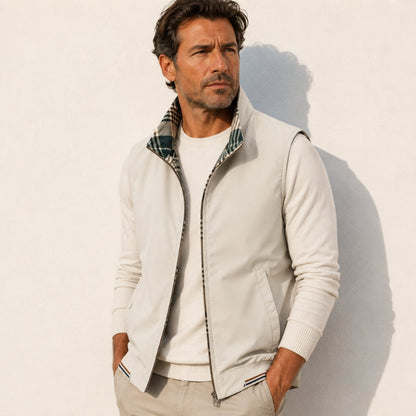 Sleeveless plaid-lined gilet vest with stand collar, zip front and zipped pockets