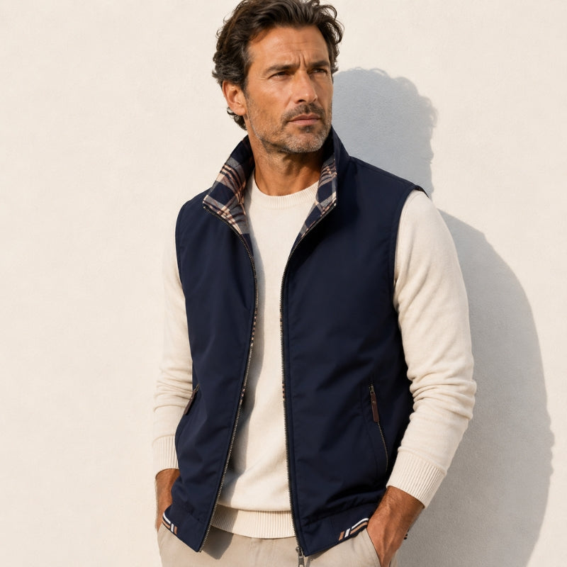 Sleeveless plaid-lined gilet vest with stand collar, zip front and zipped pockets