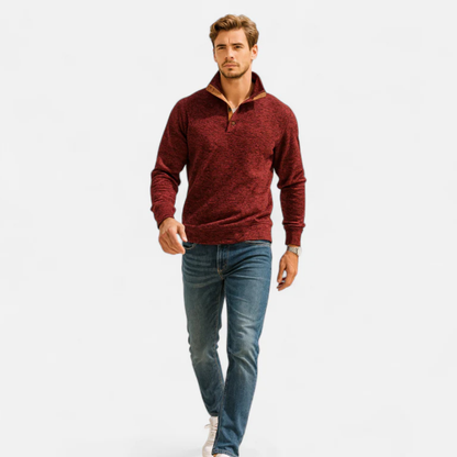Men's textured knitted sweater with stand collar and contrasting elbow patches