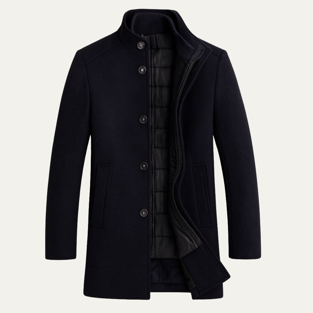 Men's long patterned overcoat with stand collar and button front
