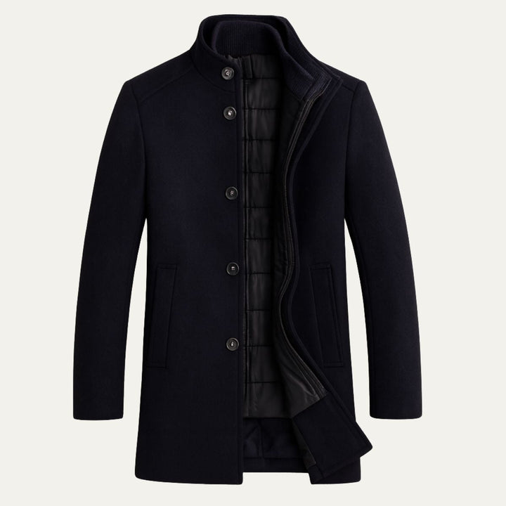 Men's long patterned overcoat with stand collar and button front