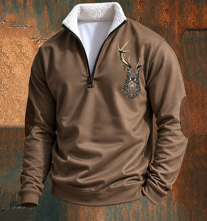 Men's quarter-zip sweatshirt with mock collar, deer embroidery and elbow patches