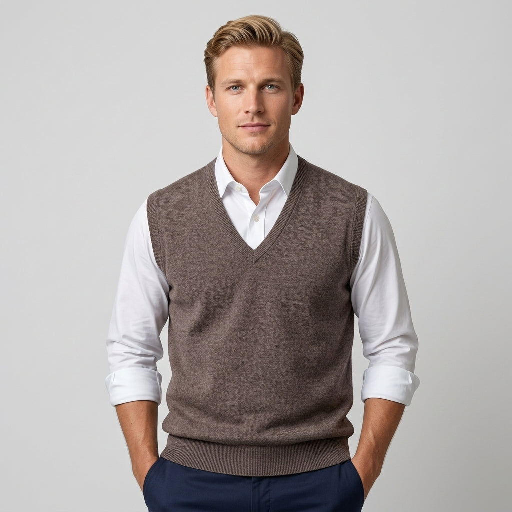 Men's sleeveless V-neck knitted sweater vest layered over a collared shirt