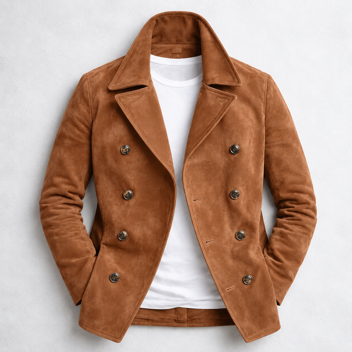 Men's double breasted pea coat with notched collar and long sleeves
