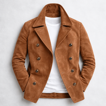 Men's double breasted pea coat with notched collar and long sleeves