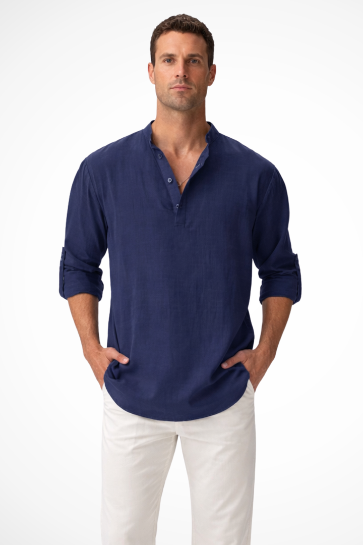 Men's Linen Henley Shirt, Long Sleeve Casual Collarless Summer Shirt, Breathable