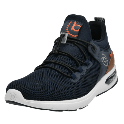 Men's navy trainers with toggle laces, white sole and brown heel panel