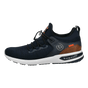Men's navy trainers with toggle laces, white sole and brown heel panel