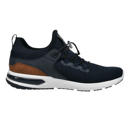 Men's navy trainers with toggle laces, white sole and brown heel panel