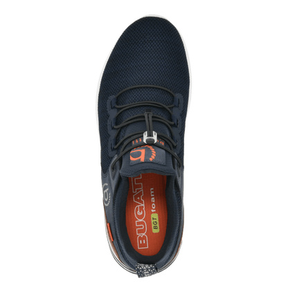 Men's navy trainers with toggle laces, white sole and brown heel panel