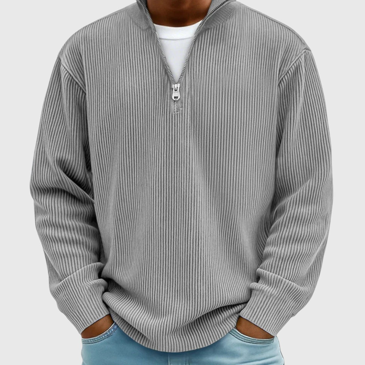 Men's textured ribbed jumper with mock neck and half-zip front