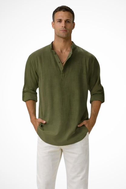 Men's Linen Henley Shirt, Long Sleeve Casual Collarless Summer Shirt, Breathable