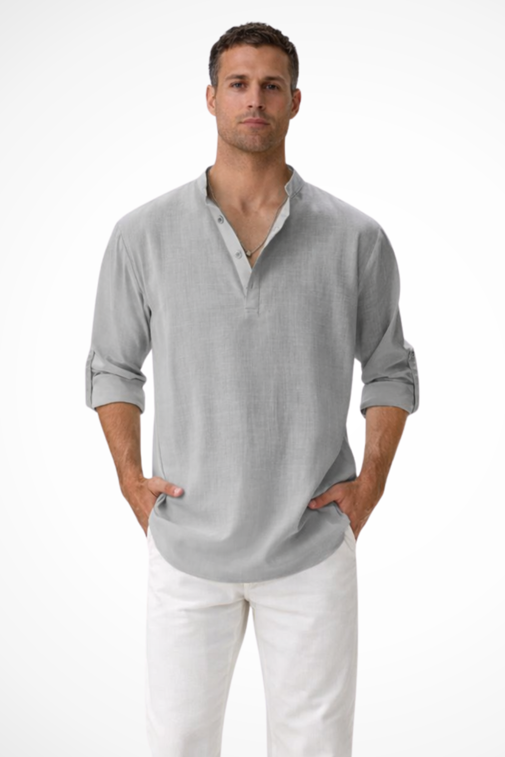 Men's Linen Henley Shirt, Long Sleeve Casual Collarless Summer Shirt, Breathable
