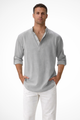 Men's Linen Henley Shirt, Long Sleeve Casual Collarless Summer Shirt, Breathable