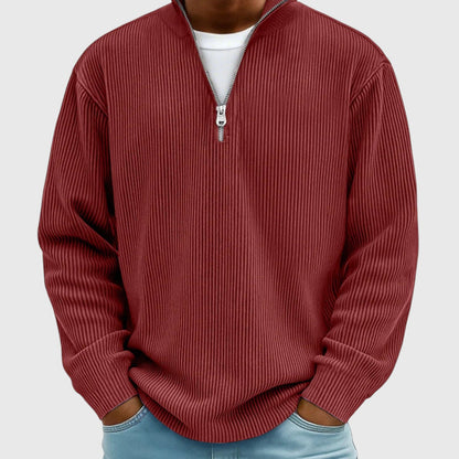 Men's textured ribbed jumper with mock neck and half-zip front